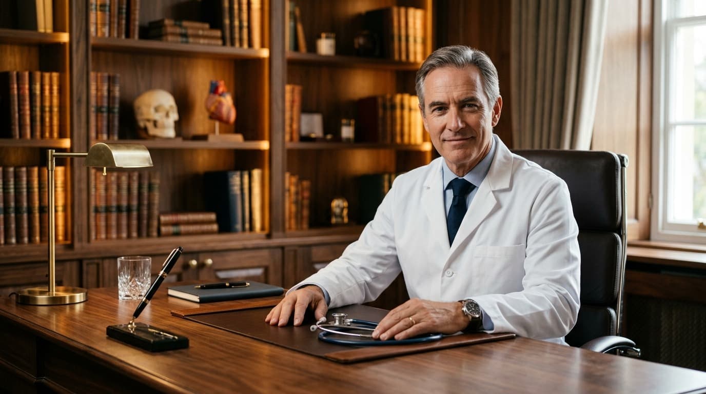 Médico especialista sênior em consultório executivo com literatura médica e estetoscópio